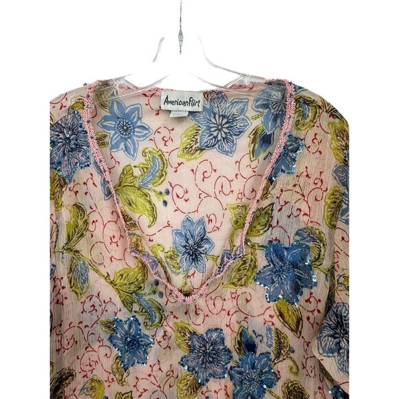 American Flirt Size 2x Top Beach Cover Up Sequins Floral Sheer Pink Blue Women's - Picture 3 of 8